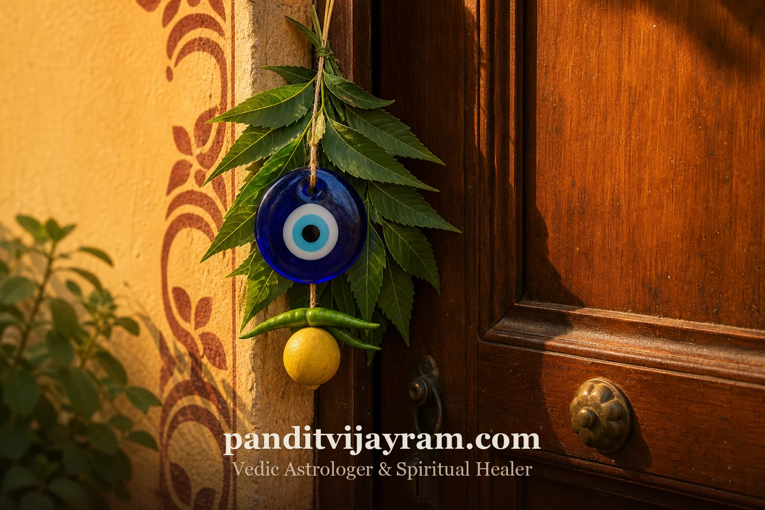 Blue nazar boncuk evil eye bead and lemon chilli totem hanging at a home entrance for protection against buri nazar