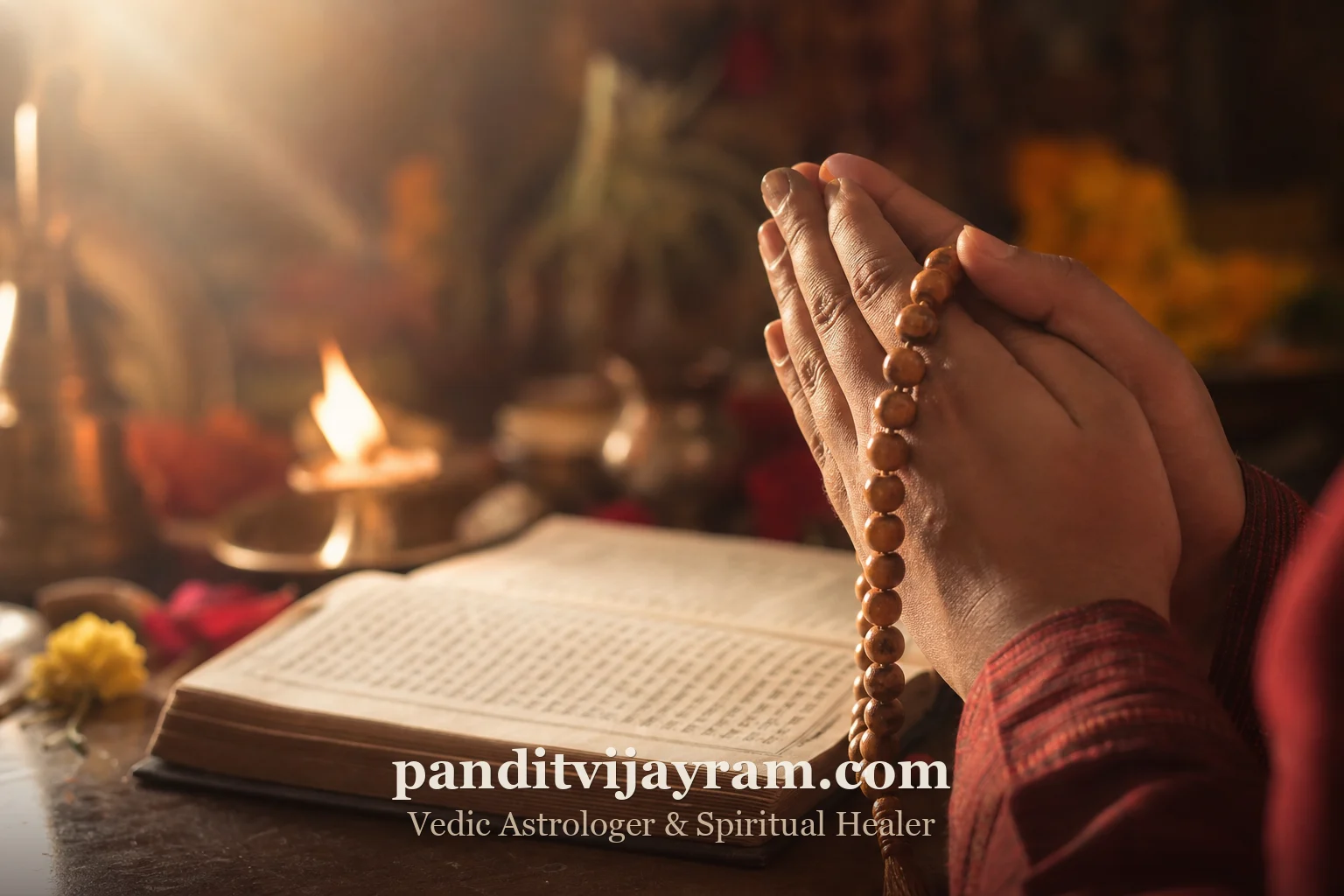 Hands in prayer with mala beads and camphor flame during evil eye removal mantra recitation