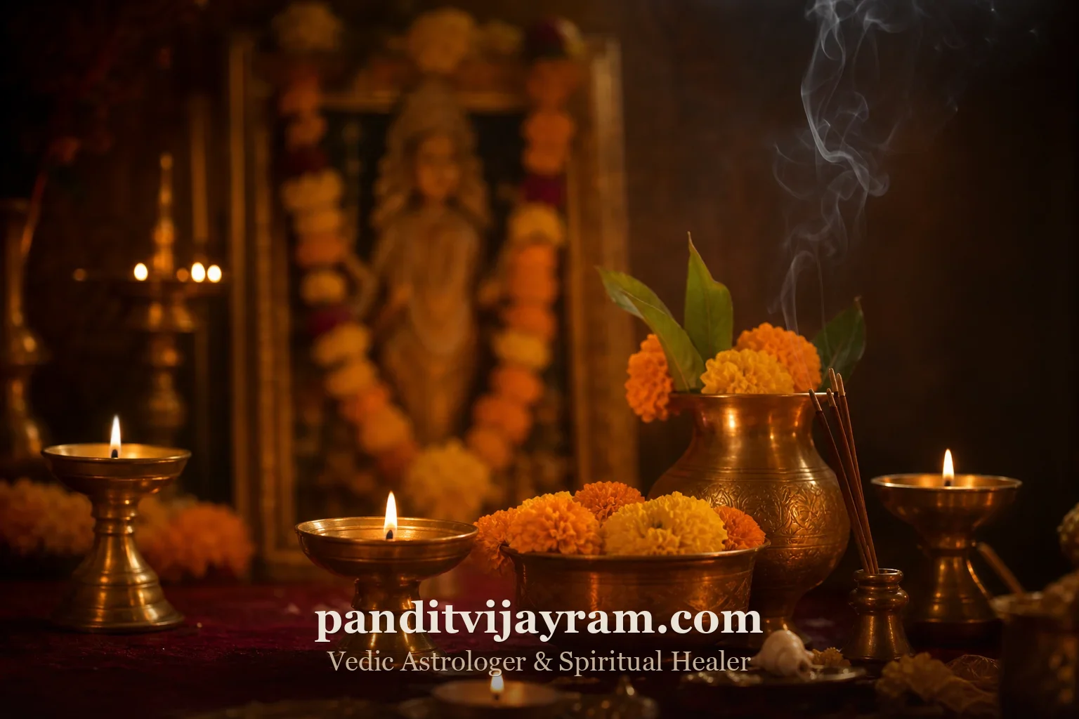 Vedic spiritual healing altar with brass diya lamps and marigold flowers