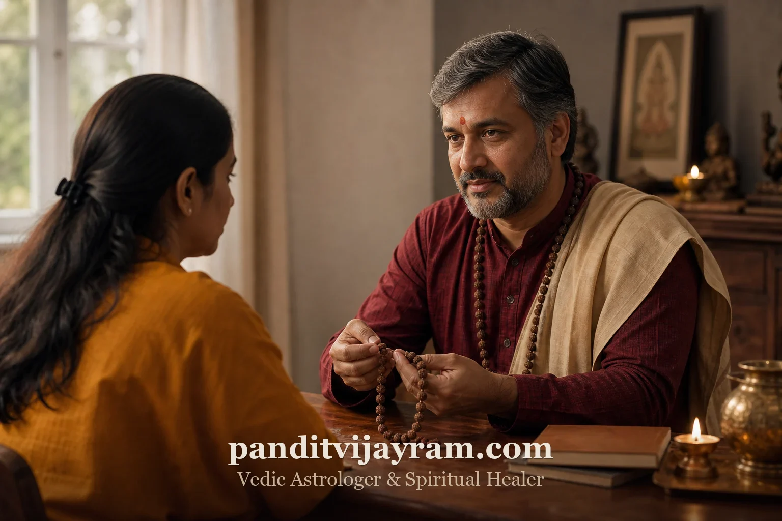 Private, confidential spiritual healing consultation with a rudraksha mala