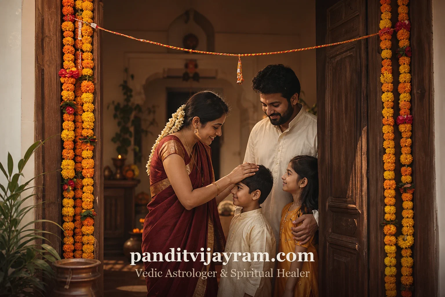 A protected Indian family home doorway with a marigold toran and sacred thread