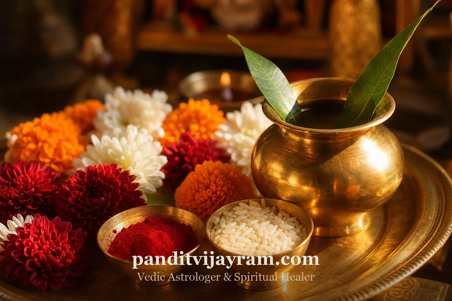 Sacred puja offerings of flowers, kumkum and a brass kalash